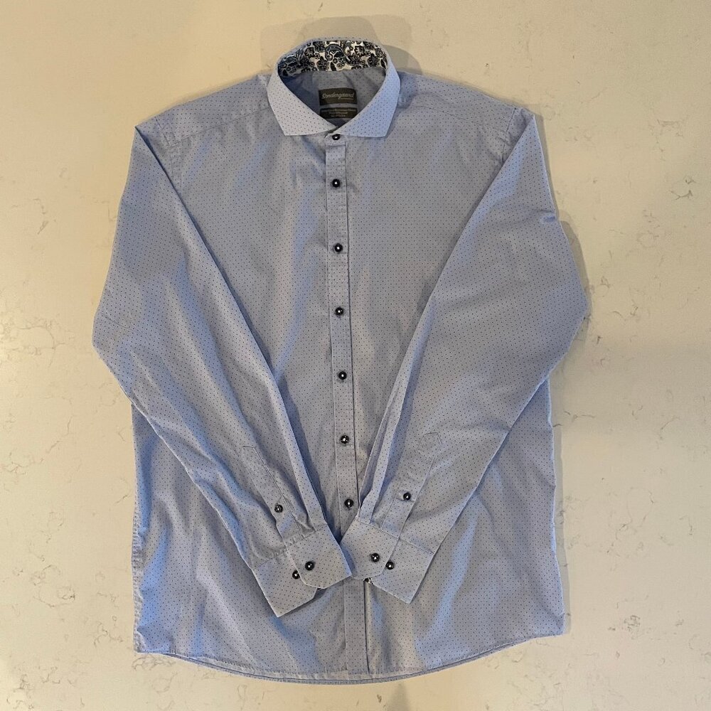Sondergaard Copenhagen LS Button Down Fitted Polka Dot Print Shirt Blue Sz 16.5
